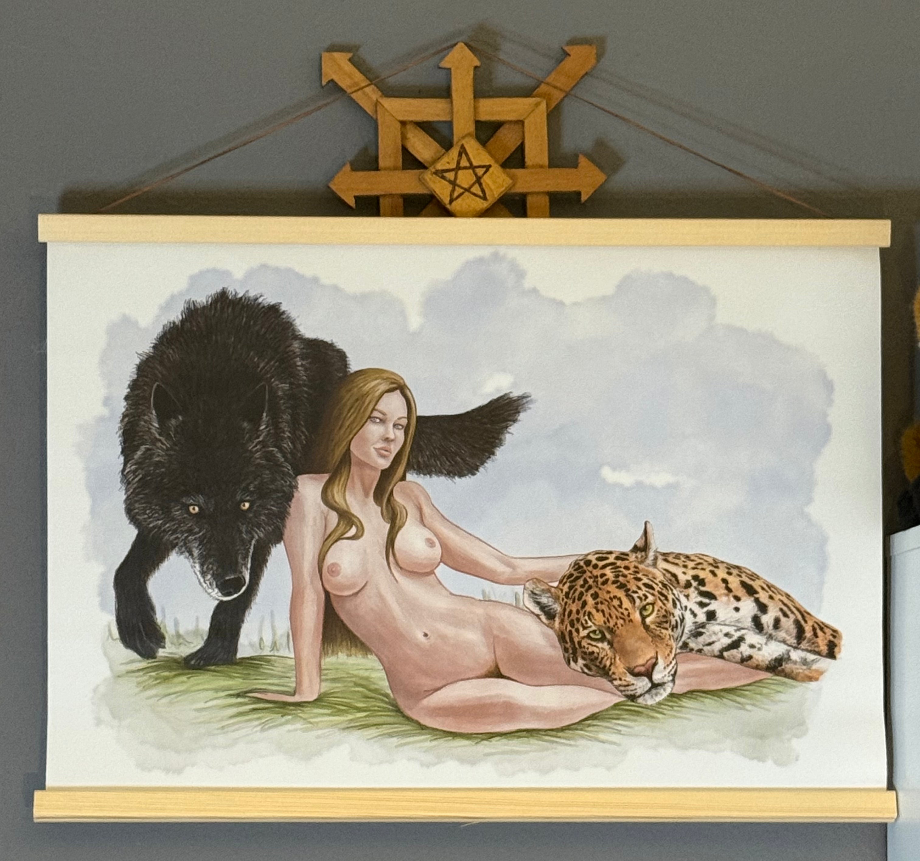 Kunstdruck Wolf und Jaguar auf Retro Leinwand 40 x 60cm